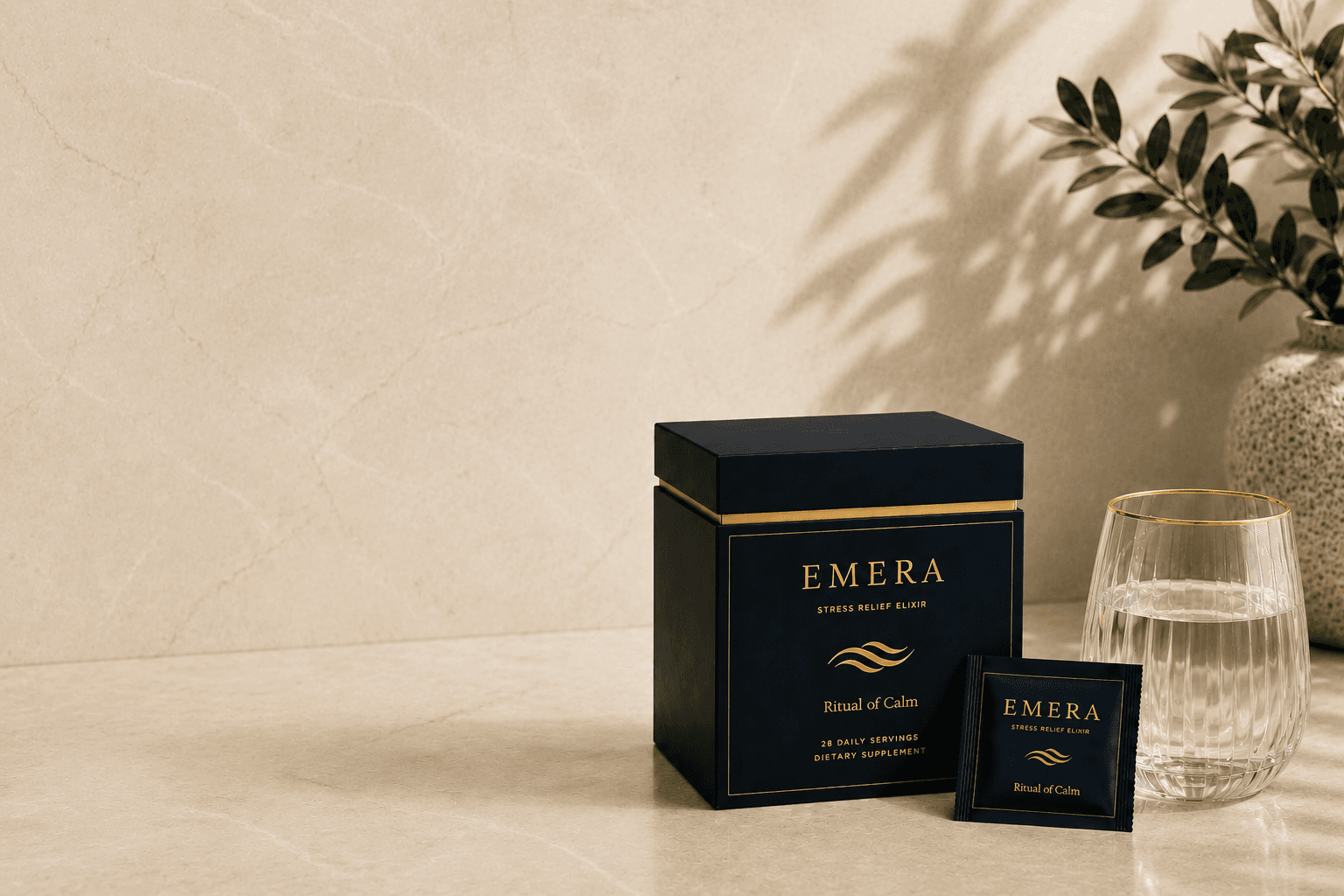 The EMERA Ritual of Calm box, sachet, and a glass of water on cream marble